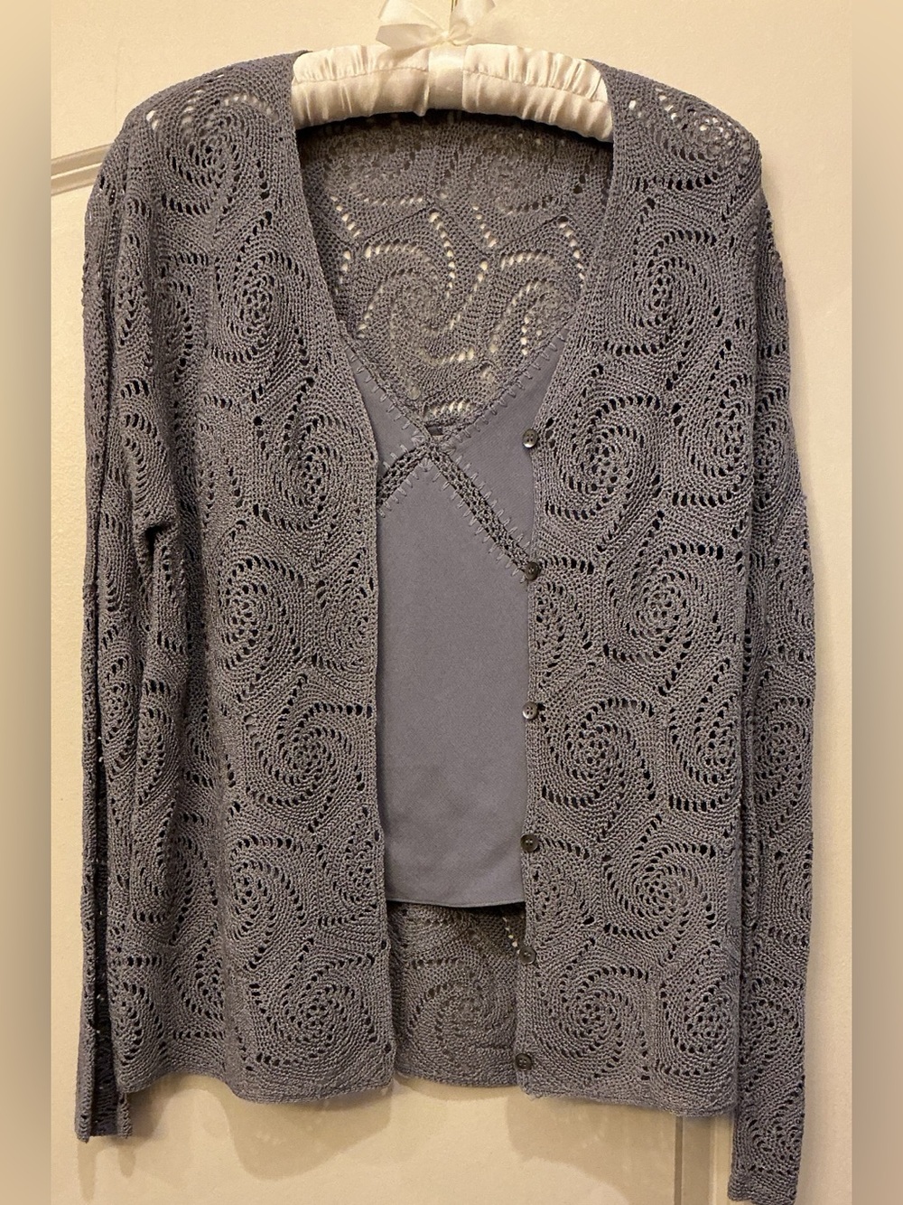 Anne Klein, Gray Crochet Cardigan and Matching Camisole 2 piece Set Size Small